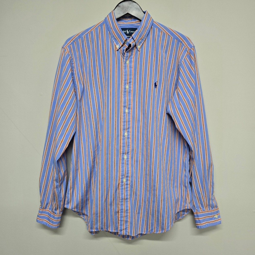 Ralph Lauren Classic Fit Shirt Mens Large Blue Orange Stripe Preppy Coastal
